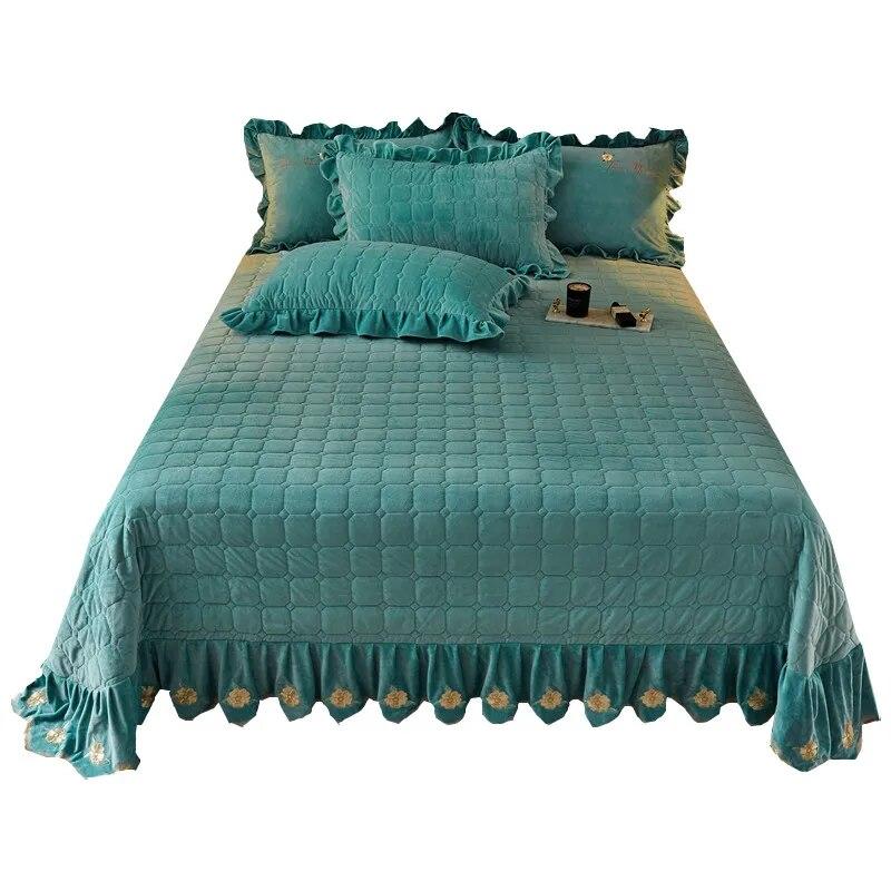 Плотное бархатное покрывало и наволочка, двойное покрывало Queen King, стеганая мягкая простыня, юбка с рюшами и вышивкой