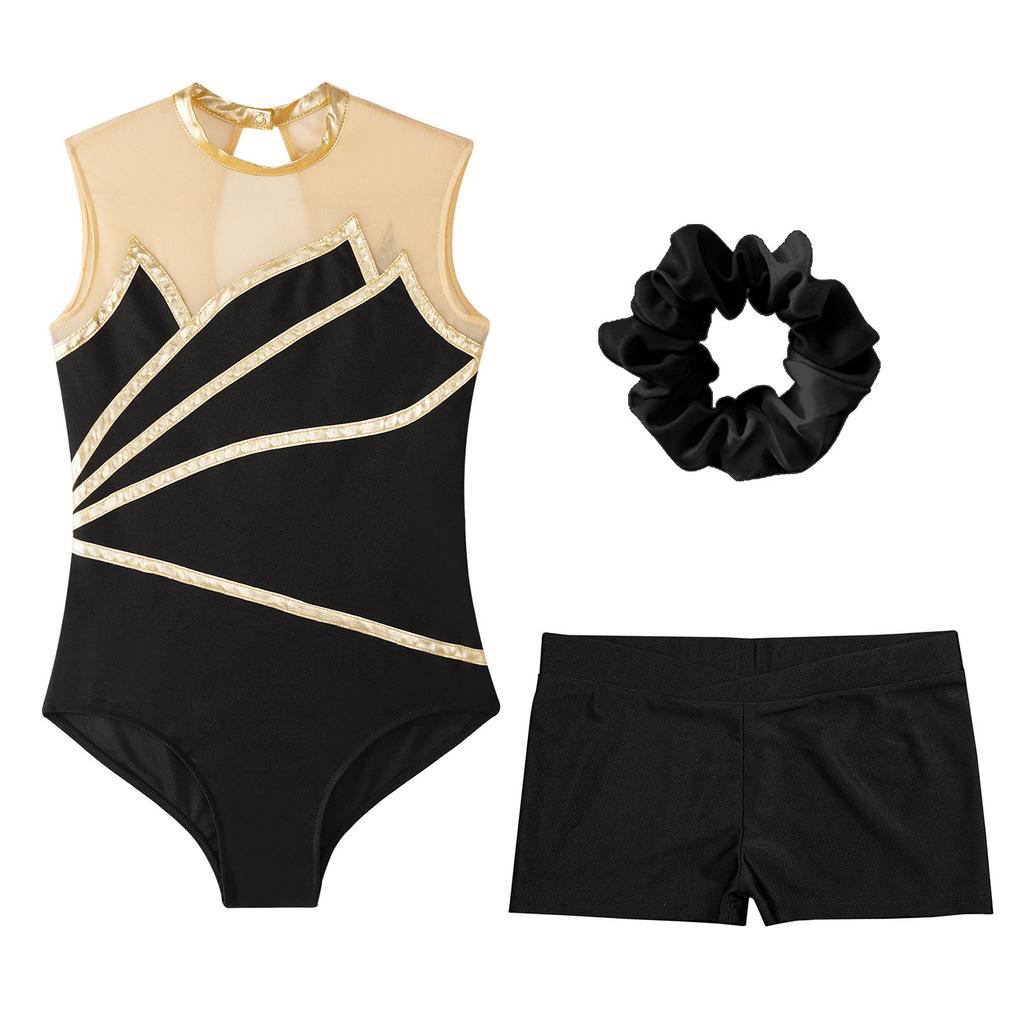 Спортивный комплект для девочек, лоскутное трико с вырезом-замочной скважиной на спине, шорты, повязка на голову, спортивный костюм для тренировок