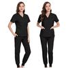 2Pcs/Set Men Women Hospital Uniform Set V-neck Short Sleeve Side Split Tops Elastic Drawstring Waist Jogger Pants Set Multi Pockets Hospital