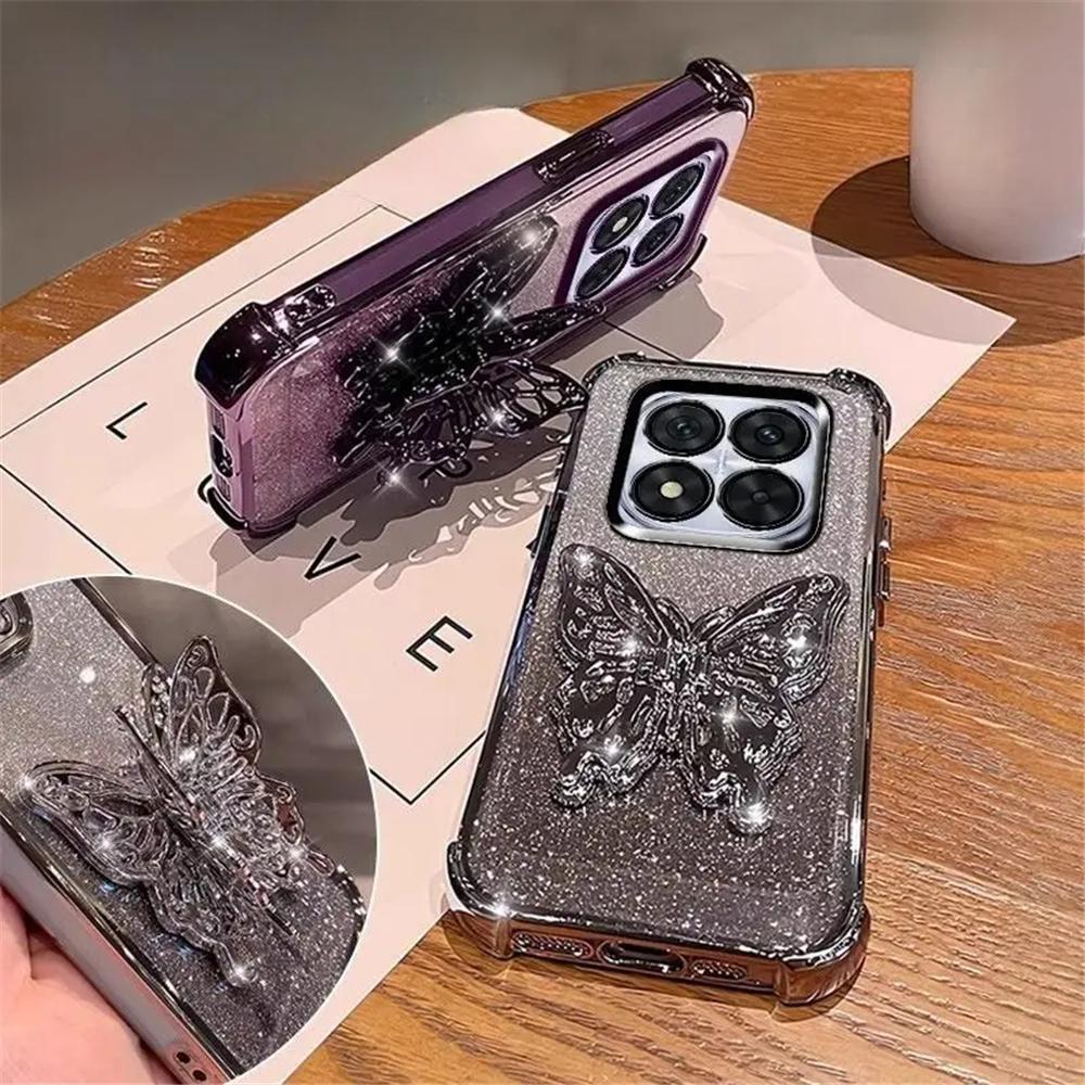 Pearl Bracelet Butterfly Stand Phone Case For iPhone 17 16 15 14 13 12 11 Pro Max 16 Plus 16E 17 Air Glitter Shockproof Cover
