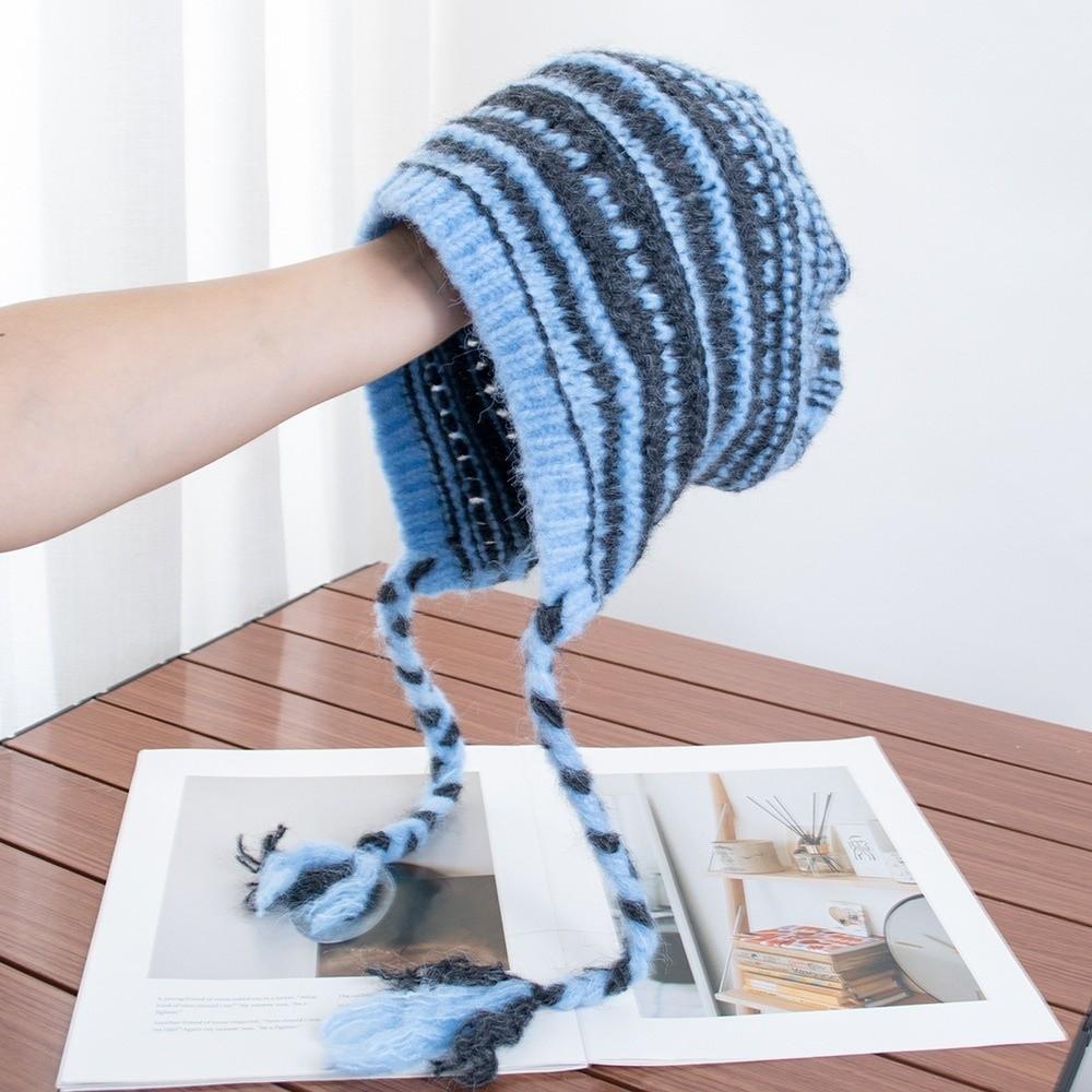 Striped Knitted Winter Hat Lined Tassel Ear Hat Vintage Braid Beanie Hat Autumn