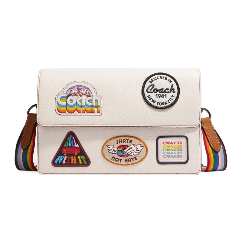 COACH crossbody bag Turner 25 appliqué pattern buckle closure rainbow shoulder strap cow leather envelope shoulder medium size unisex couple style
