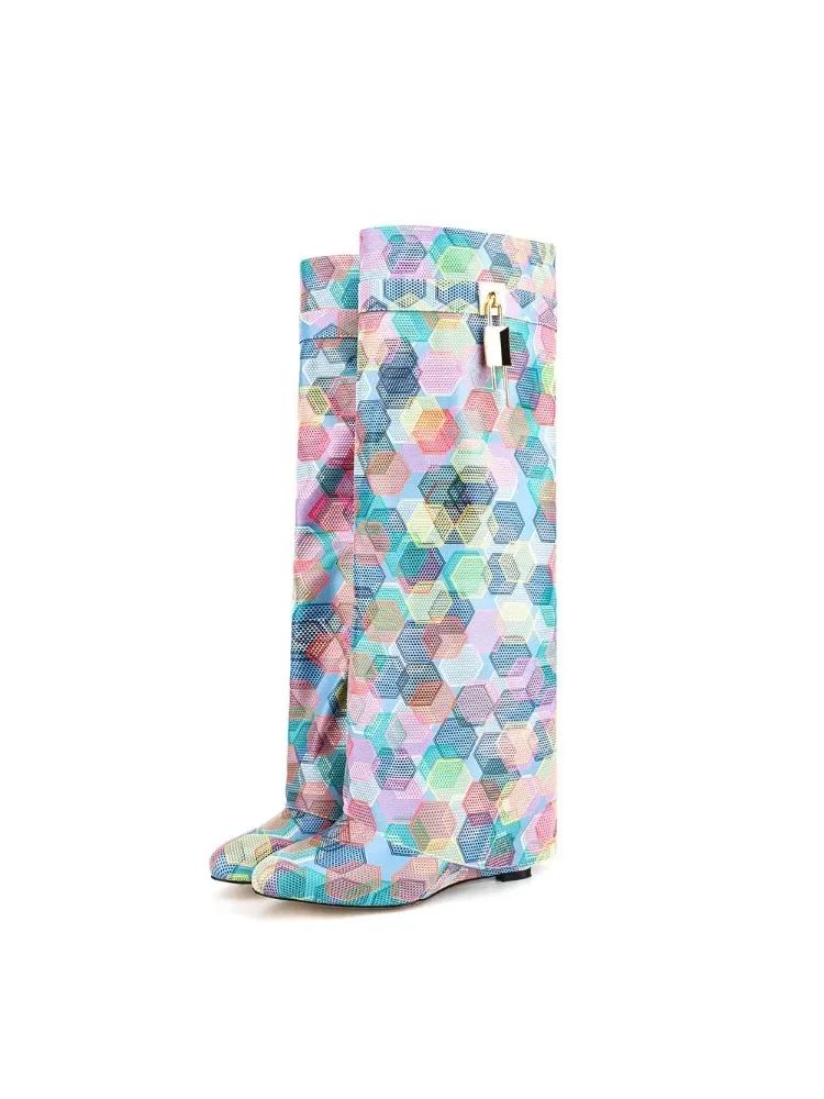 2024 New European and American Brand Wedge Heel Thick Bottom Skirt Boots Women's Fashion Side Zipper Knee Length Banquet Boots