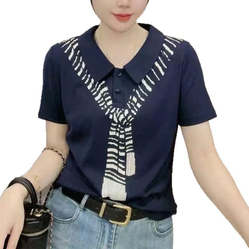 Lapel Short-sleeved T-shirt for Women In Summer New Scarf Printed Temperament Versatile Slim Lapel Top