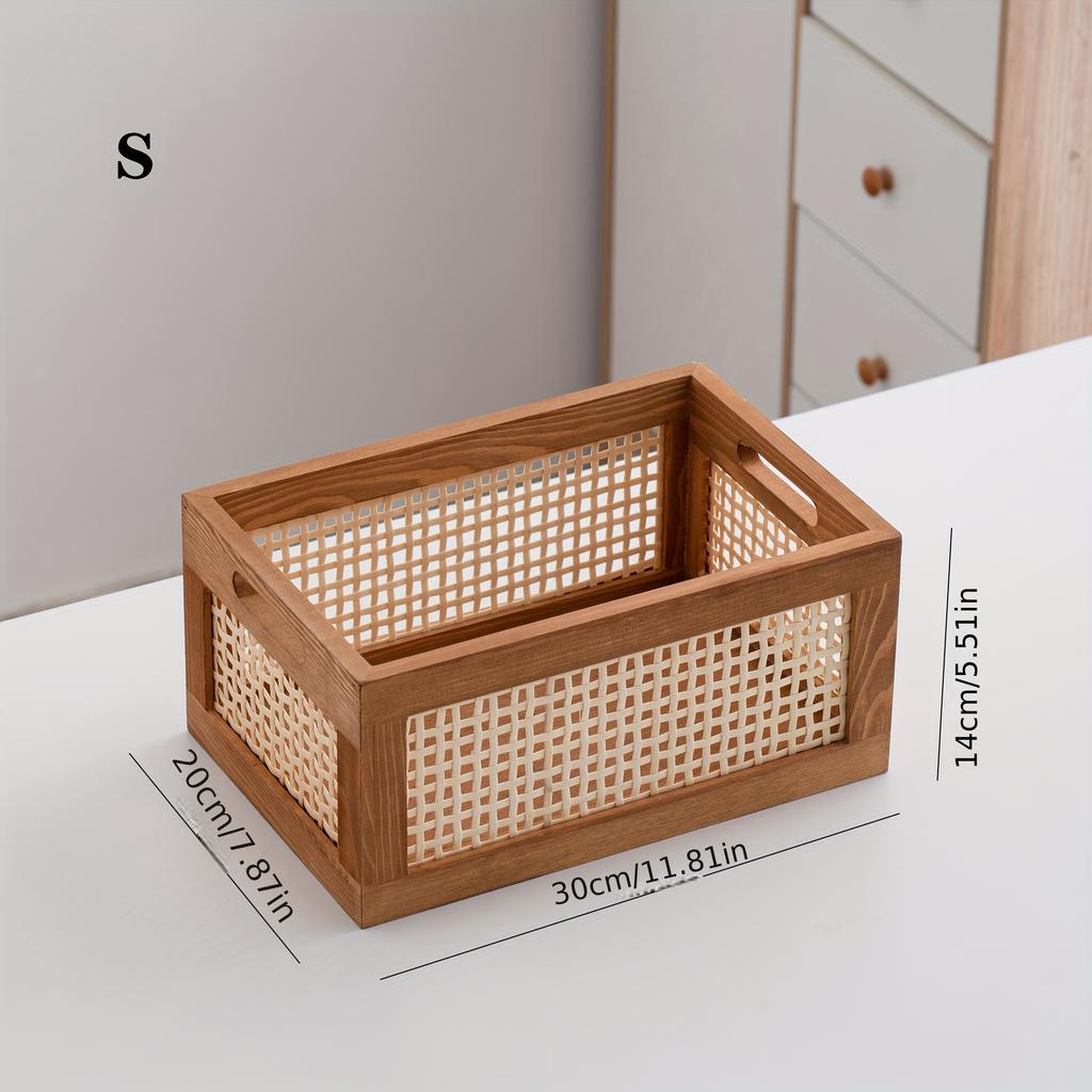 Style Rattan Wooden Storage Basket Hand Woven Rectangular Shelves for Home Storage, Toy Grocery Boxes for Kitchen, Bathroom, Living Room, Bedroom,