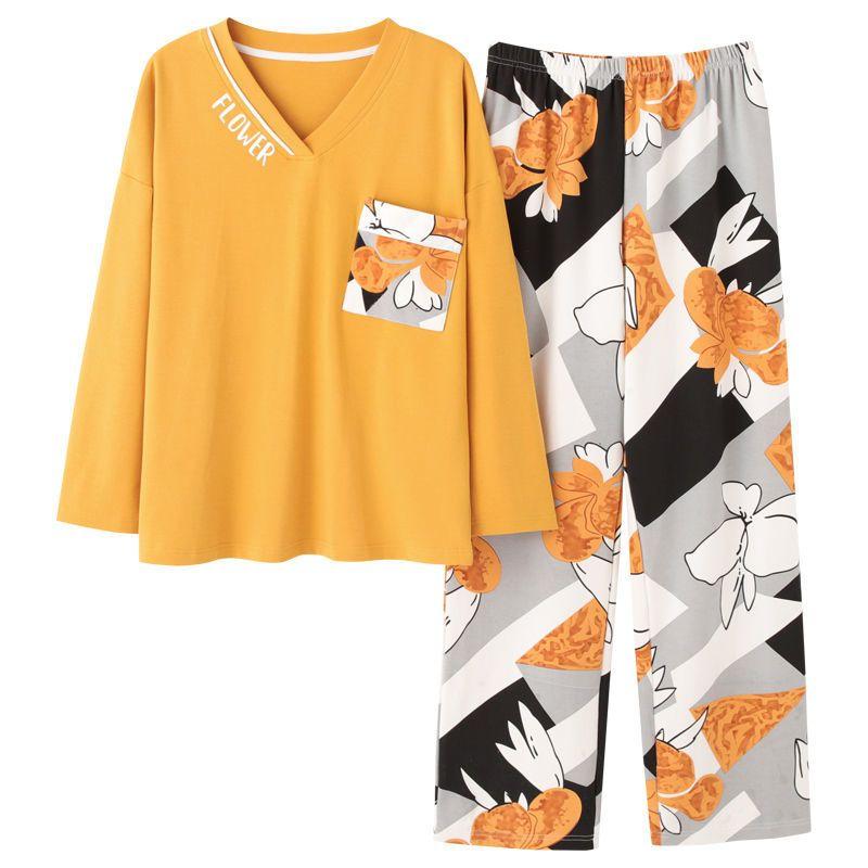 Новый комплект пижамы с длинными рукавами для женщин, весенняя и осенняя пижама из чистого хлопка, корейский стиль, домашняя пижама большого размера