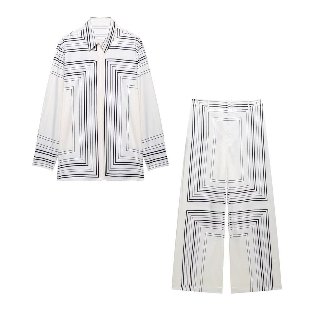 Женский летний костюм-двойка 2025: Универсальная рубашка с принтом и повседневные широкие брюки