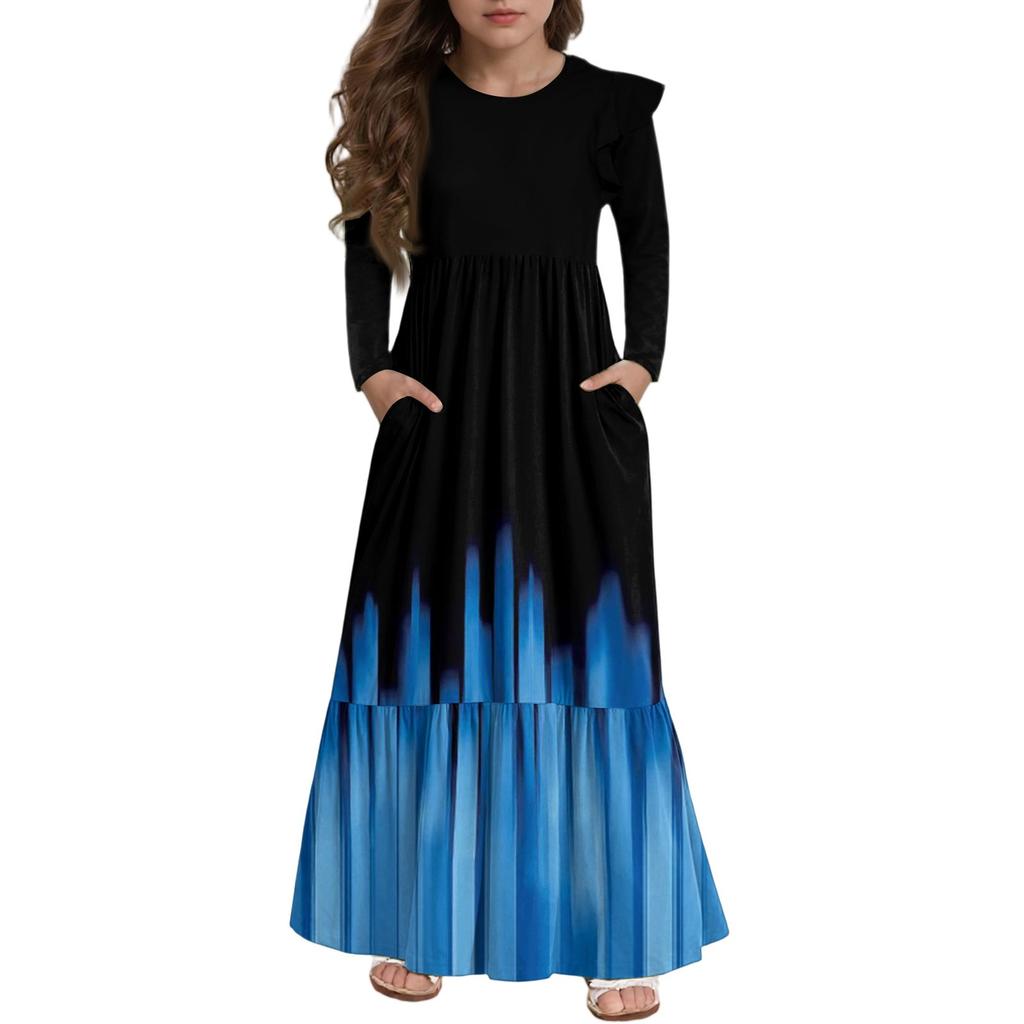 Girls' Tiered Ruffle Dress - Long Sleeve Printed Maxi With Pockets