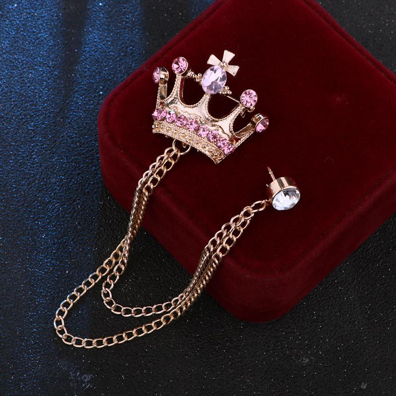 Crystal Men Brooch Pin Crown Fashion Collar Pins Suit Lapel Wedding Gift Jewelry Cross Chain