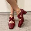 Женские туфли-лодочки на толстом среднем каблуке с перекрещивающимися эластичными резинками, балетки женские, винтажные, с квадратным носком, бордовые туфли-лодочки, весна-осень, каблуки женские