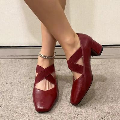Женские туфли-лодочки на толстом среднем каблуке с перекрещивающимися эластичными резинками, балетки женские, винтажные, с квадратным носком, бордовые туфли-лодочки, весна-осень, каблуки женские