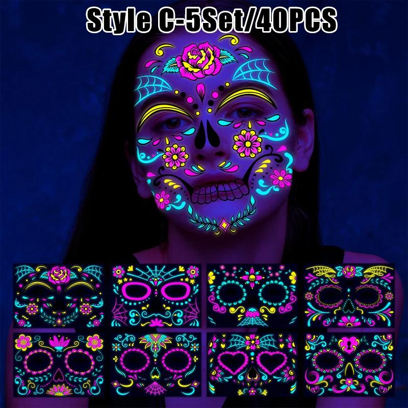 New Glow The Dark Tattoos Stickers Fake Face Temporary Tattoos Makeup UV Neon Floral Body Paint Tattoo Stickers Decorations