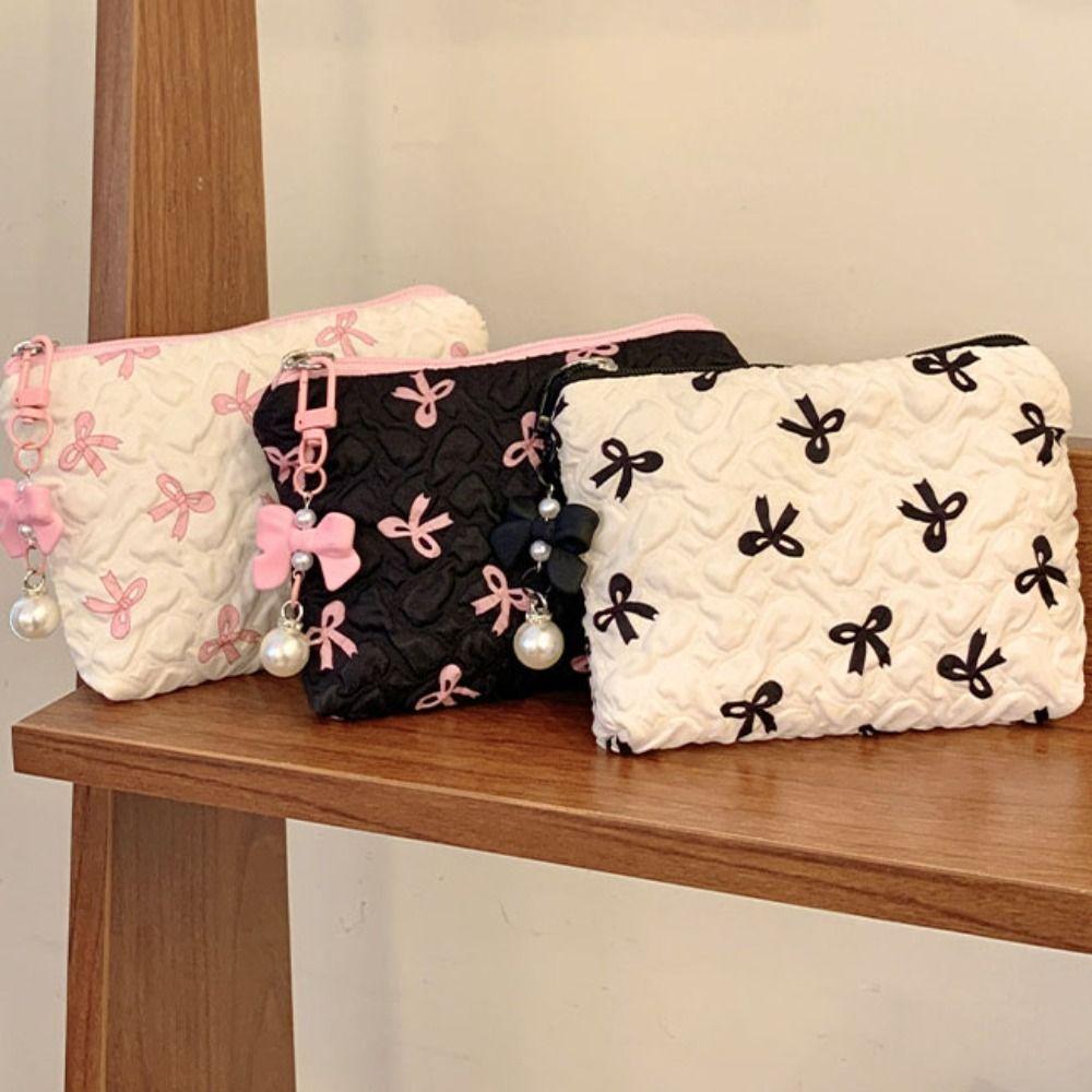 Zipper Bow Cosmetic Bag Korean Style Coin Purse Fashion Balletcore Makeup Bag  Travel