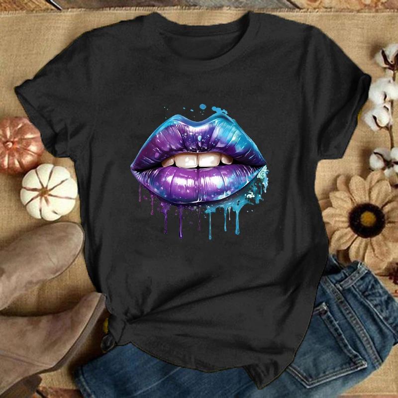 Lips Printed T-Shirts For Women Summer Tee Shirt Femme Casual Short Sleeve Round Neck Tops T-Shirts