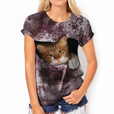 Летняя футболка женская с 3D-принтом в виде кошки, с круглым вырезом и короткими рукавами, топ
