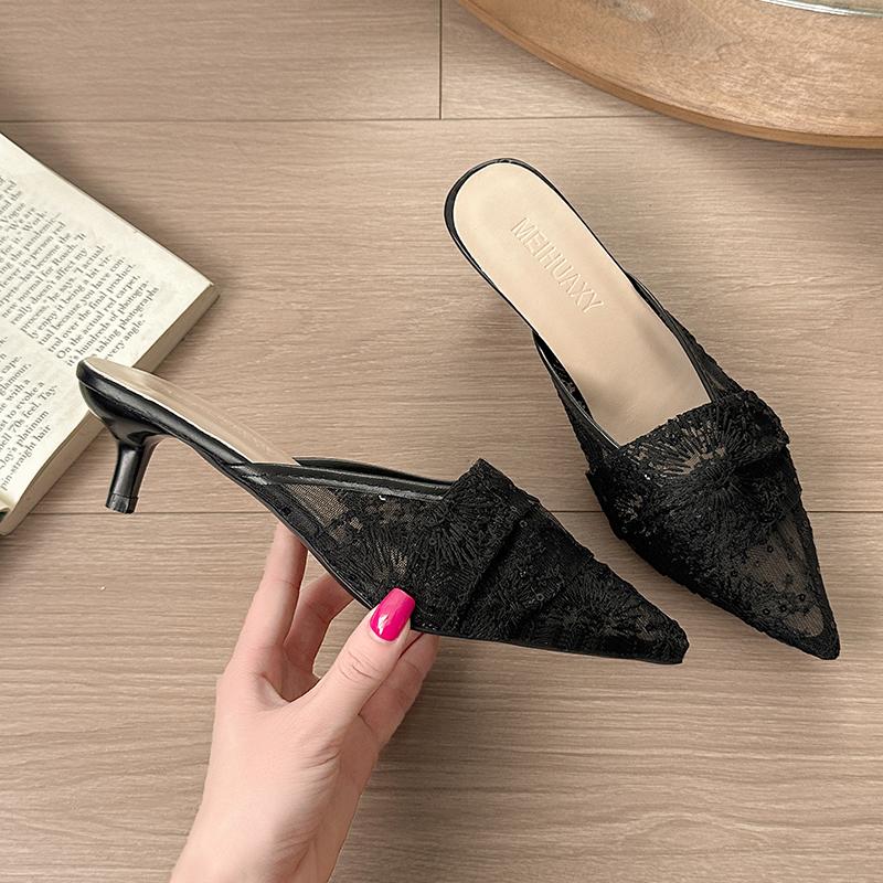 Fashion New Popular White Embroidery Lace Heels Mule Slide Woman Point Toe Stiletto Bride Shoes Ladies Elegant Wedding Party Dress Pumps