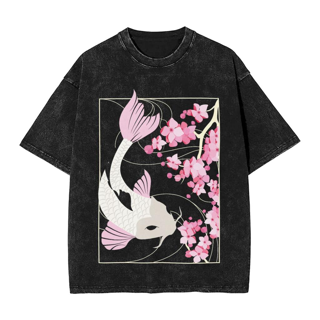 Koi Carp Fish Japanese T Shirts Washed Short Sleeve Harajuku TShirts Vintage Men Women Streetwear Printed Tee Shirt
