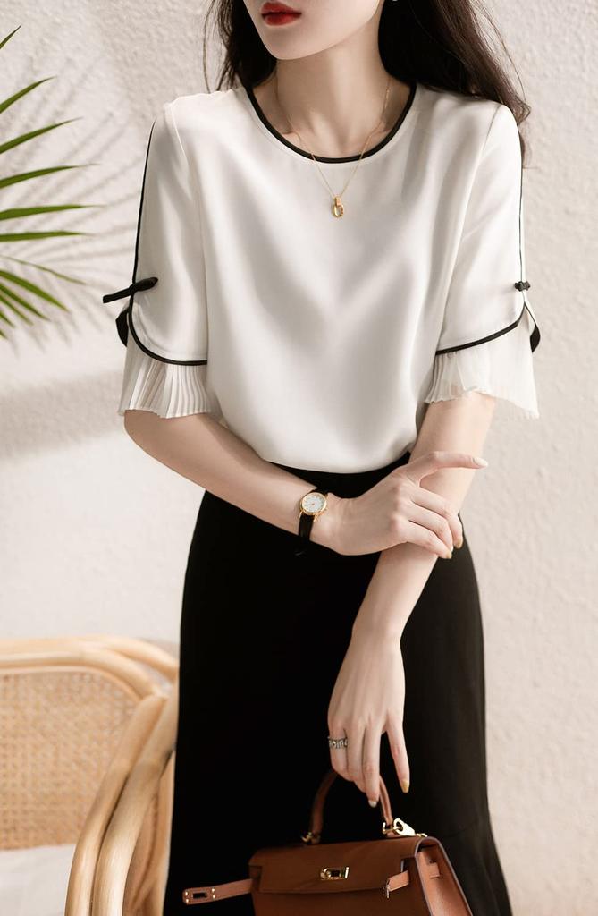 Блузка Летний Топ Короткий Рукав Круглый Вырез Пуловер Шифон Плиссированные Рукава Свободный Крой Стильный Женственный Чистый [Seira] Женская Футболка