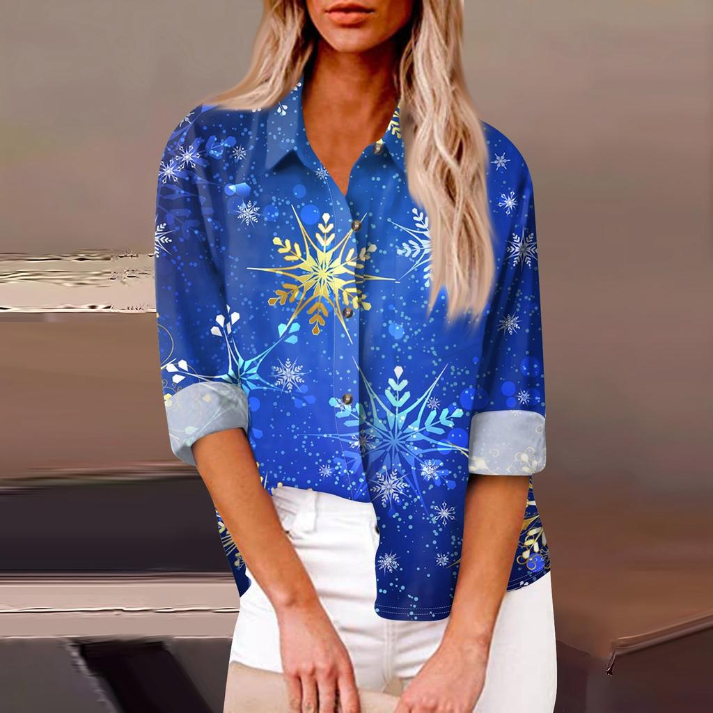 Женская свободная повседневная рубашка с длинными рукавами и рождественским принтом, кардиган с принтом и карманами