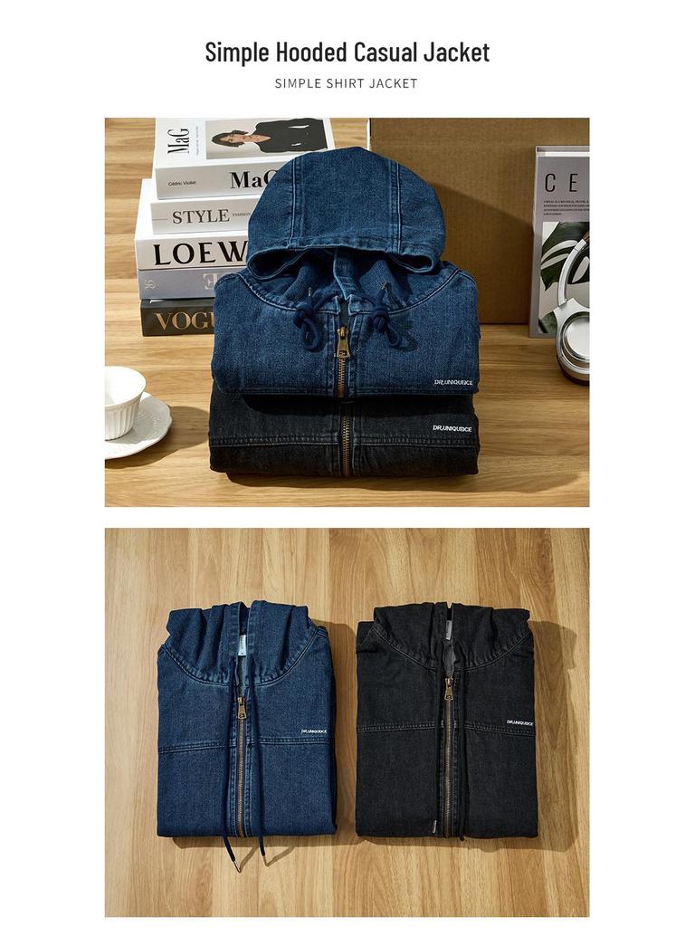 W822 Men's Thickened Hooded Denim Zip-Up Jacket: Stylish, Trendy, and Versatile.