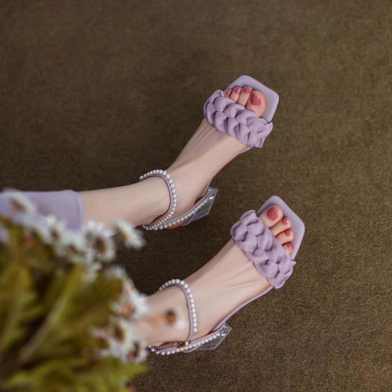 Fashion Women's Fashion Temperament Sandals 2024 Summer New Korean Version Middle Heel Women Open Toe Pearl Inlaid Crystal High Heels