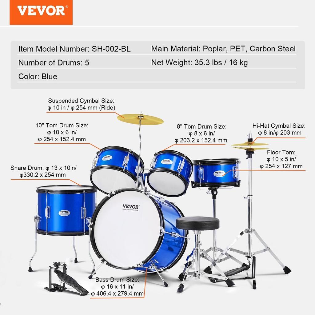 Kids Drum Set 5-Piece 16 in Beginner Children Drum Set with Throne Blue