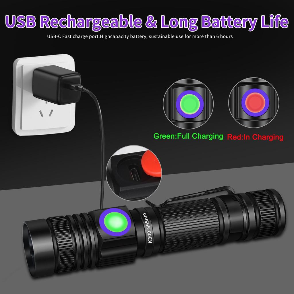 Powerful UV Flashlight, Black Light, USB Rechargeable, 395nm Mini Black Light, Portable Handheld UV Light with Adjustable Focus, LED Ultraviolet