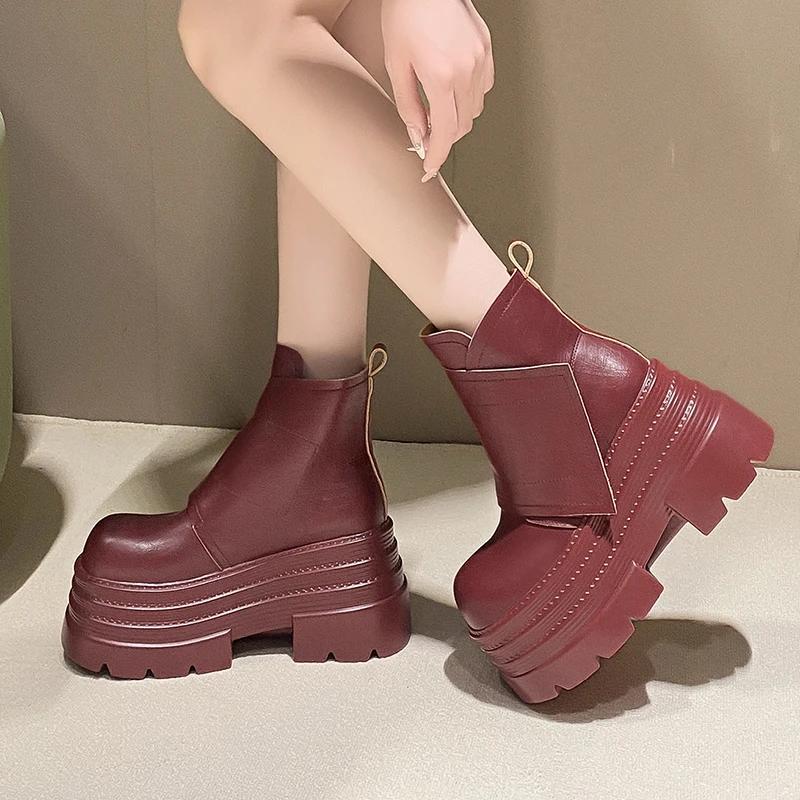 10СМ Женские кожаные ботильоны Осень Зима Каблуки Массивные кроссовки Высокая платформа Молния Мотоциклетные короткие ботинки 2025 Женские Боты