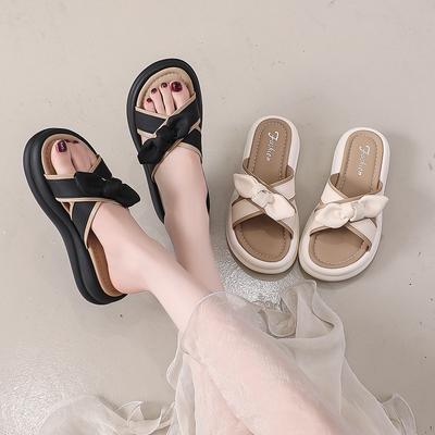 Модные сандалии с круглым носком, толстой подошвой и удобные для пляжа для женщин, летние новые сандалии с элегантным клиновидным каблуком и бантом с открытым носком