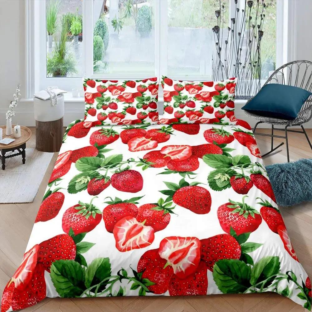 Strawberry Duvet Cover SetRed Strawberry Bedding Set For Girls Cute Black White Geometric Plaid Grid Comforter Cover Full Size