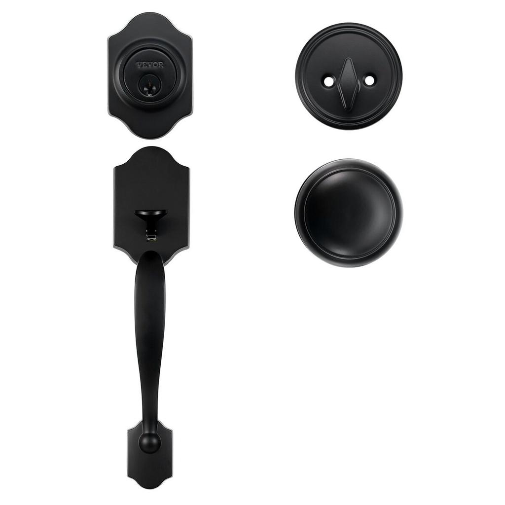 Front Door Handle and Deadbolt Set, Matte Black Front Door Lock Set with Interior Knob, Adjustable Hole Spacing Single Cylinder Handleset, for Right