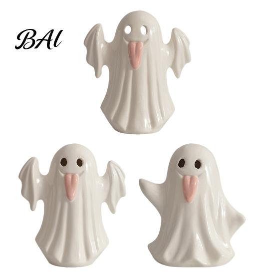 Bedroom Atmosphere Table Lamp Light Up Ceramic Ghost Figurines for Halloween Decor, Cute White Statue Dried Flower Floral Arrangement with Pink