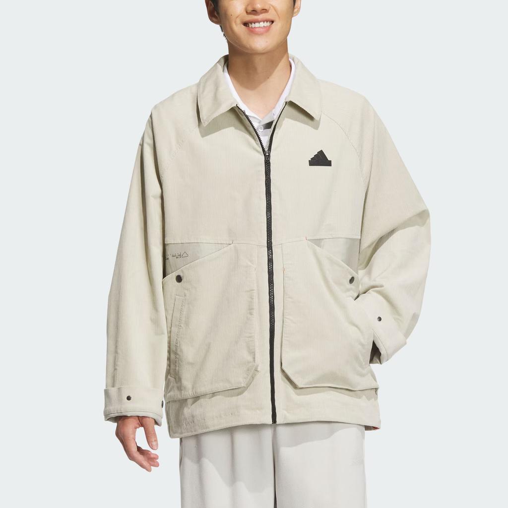 Adidas FW24 Tech Textured Series Logo Pattern Sports Casual Polo Jacket Men Jacket Sesame Earth-Grey JI8687