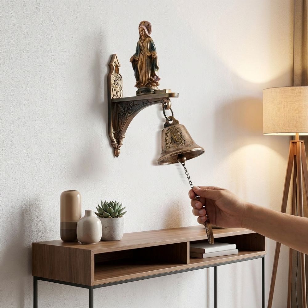 Metal Bell Our Lady of Grace Wall Bell Antique Figurine Hanging Bell Medal Doorbell Home Decor