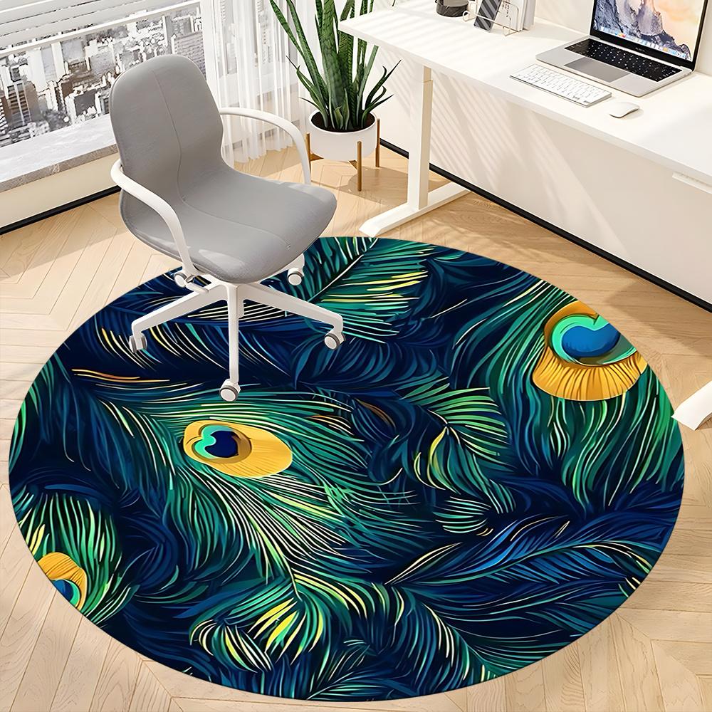 1pc Peacock Feathers Office Round Area Rug, Indoor Mat Suitable ForOffice, Under Office Chairs Bedroom Living Room Home Decor, Room Decot104