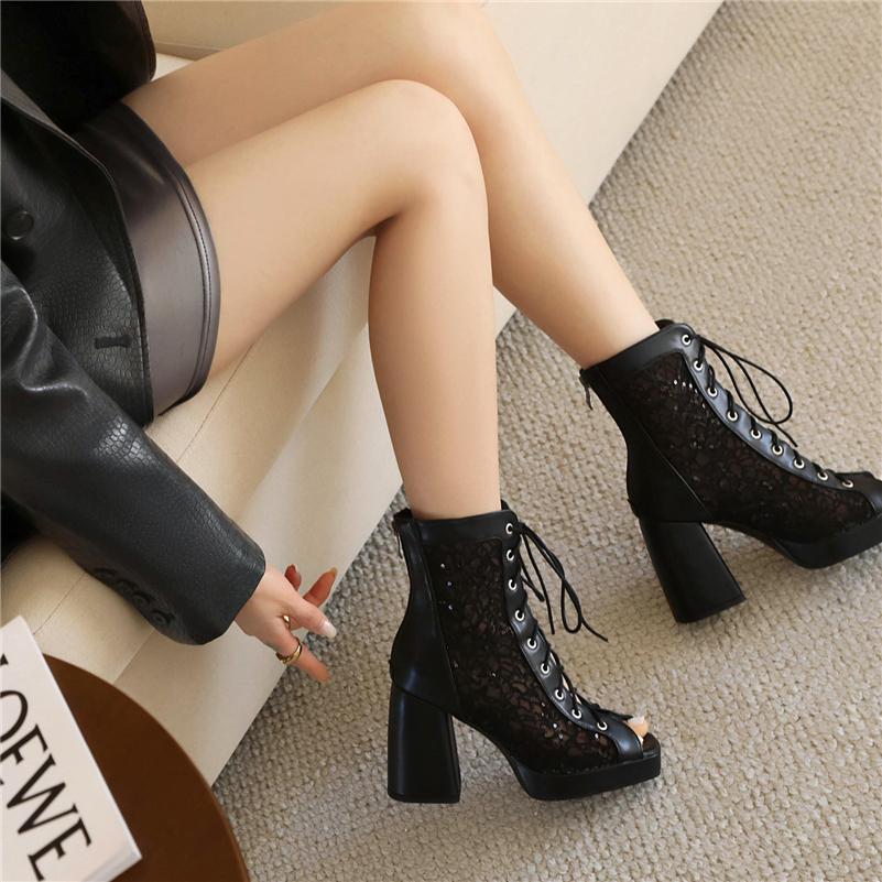 FOREADA Женские сандалии с полым сетчатым верхом, с открытым носком, на толстом высоком каблуке, на платформе, на шнуровке, на молнии, сексуальные ботинки для джазовых танцев, женская обувь, лето 46