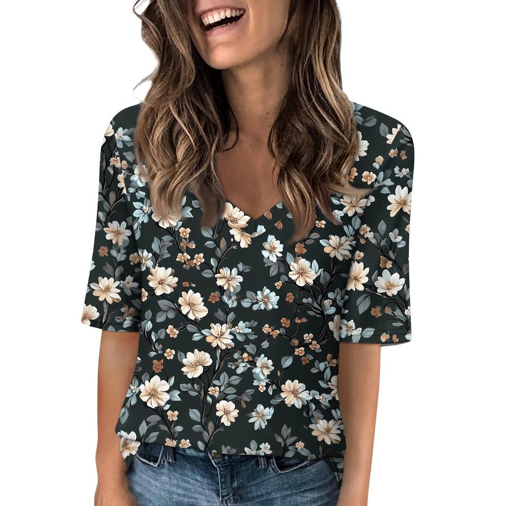 Shirts For Women Trendy V Neck T Shirts Casual Printed Blouse Half Sleeve Tops For Women