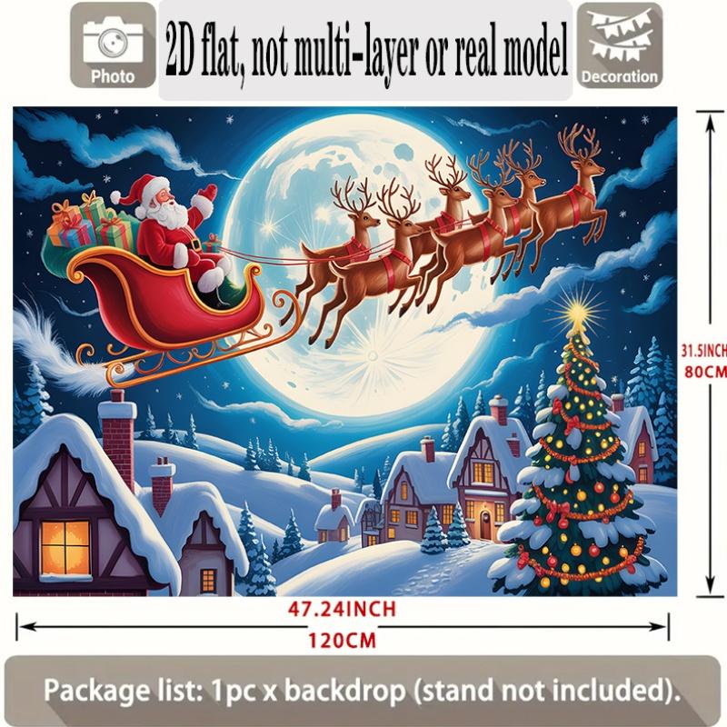 Santa Claus Sleigh Reindeer Winter Holiday Backdrop, Polyester Banner for Christmas Decor & Photo Booth
