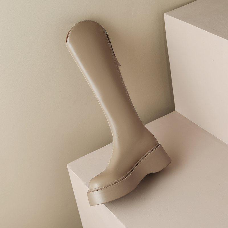 Krazing Pot Осенне-зимняя обувь из коровьего спилка, сапоги для верховой езды на толстой платформе, с круглым носком, сохраняющие тепло, на молнии, высокие сапоги до бедра