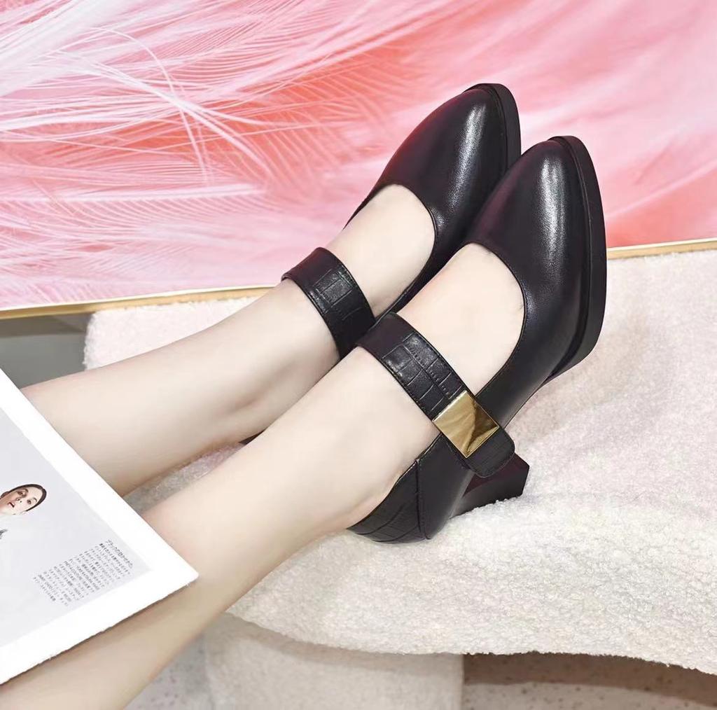 High Heels Women's Shoes 2025 Spring New British Style Pointed Waterproof Table Thick Heel Buckle Single Shoes Cowhide Fashion Shoes