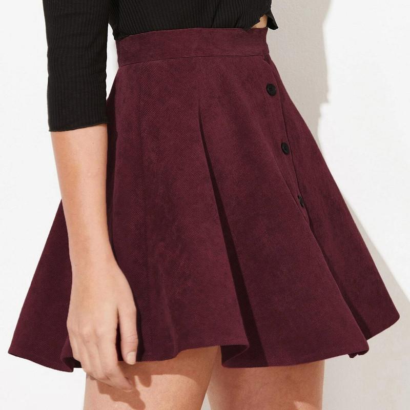 Женская однотонная вельветовая юбка-полусолнце на осень и зиму, модная милая юбка-зонтик с одним рядом пуговиц и высокой талией