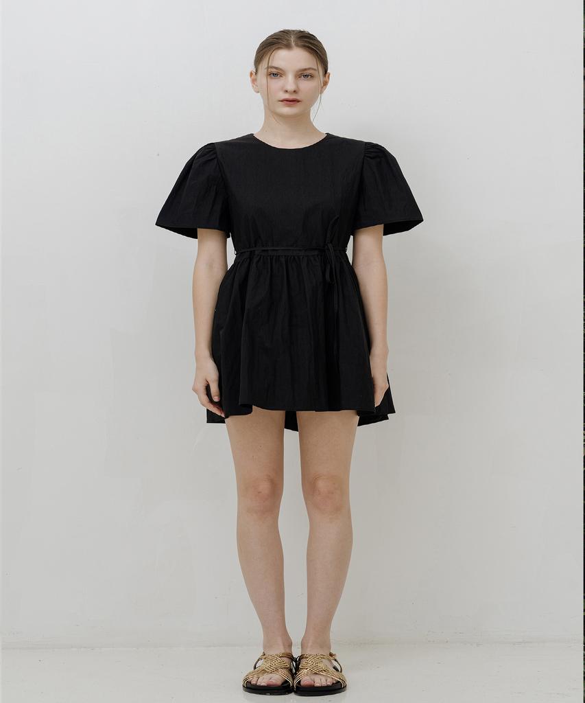 Ish Two Ribbon Detail Puff Sleeve Mini Dress (Black)