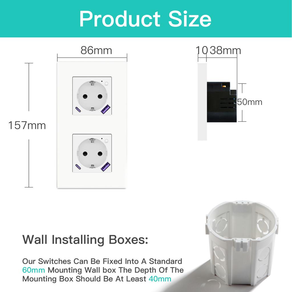 BSEED Wifi EU Socket With Normal Type-c USB Fast Charging Ports Smart Sockets Support Tuya Smart Life Alexa App Plastic Frames