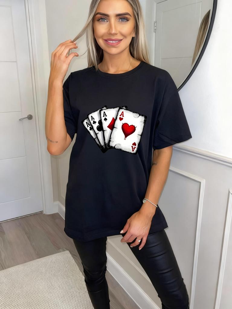 Футболка оверсайз черная с принтом игральных карт «Четыре туза» повседневный уличный стиль модный топ для женщин летний наряд