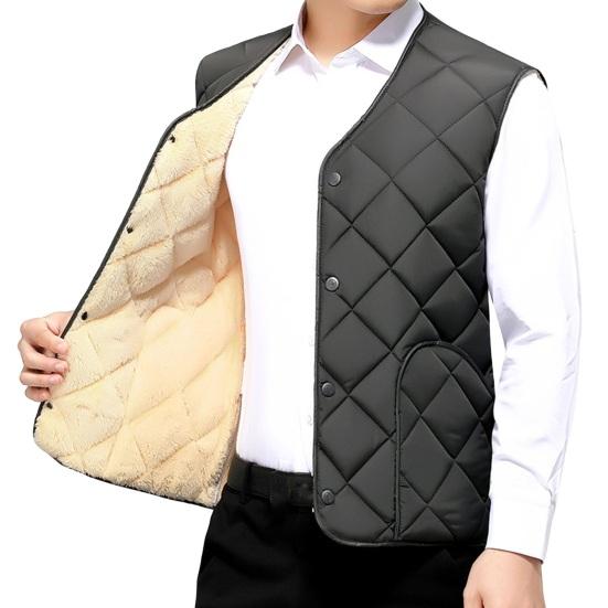 Men Vest Coat V-Neck Sleeveless Single Breasted Solid Color Waistcoat with Pockets Thickened Plush Lining Vest Jacket