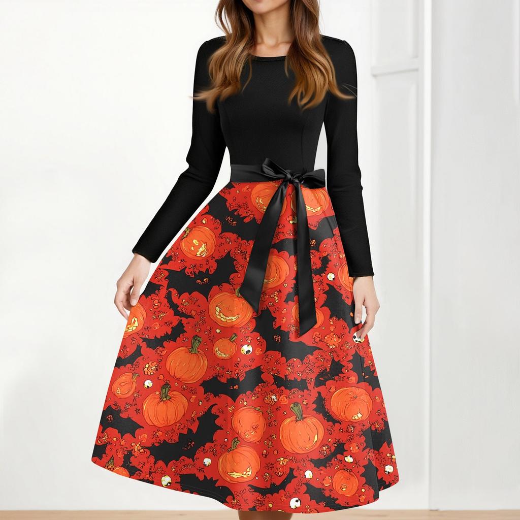 Women's Casual Fashion Halloween Printed Round Neck Vintage Dress