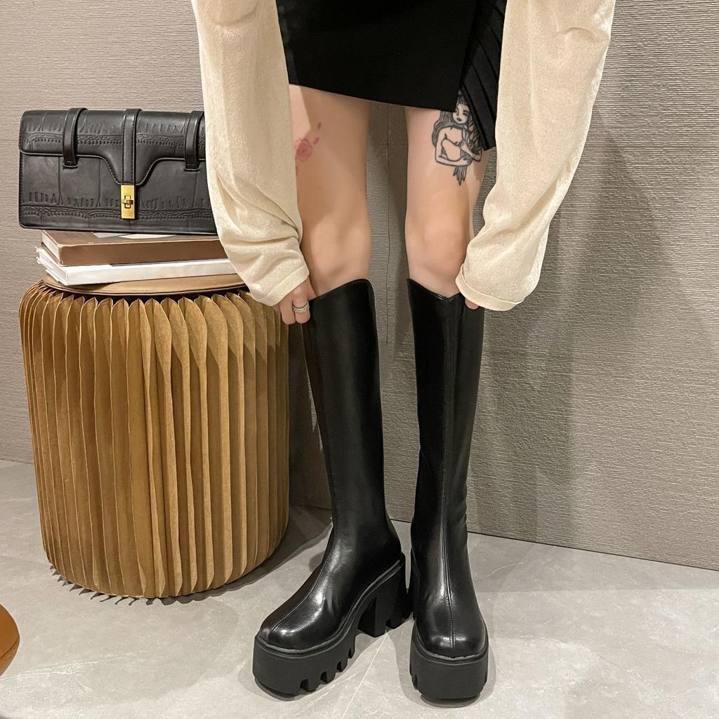 Skinny Boots Thick Heel Boots Tall Boots 2025 Autumn and Winter Small Man Thick Sole But Knee Thick Heel Martin Boots Women
