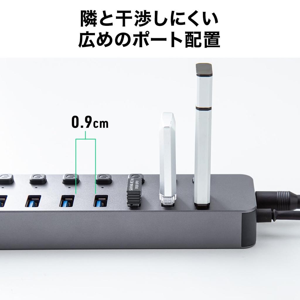 Sanwa Direct USB Hub 10 Port USB Charger with Individual Switch with AC Adapter Self-Powered USB3.2/5Gbps 400-HUBA23GM