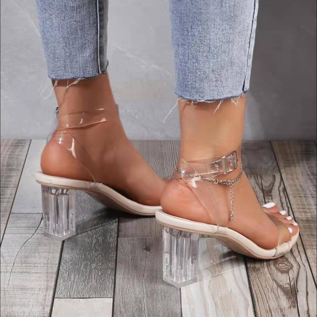 Summer New Fashion Beige Word With High Heels Sandals Women 'S Thick Heels Pvc Plus Size 42 Ladies Shoes Women