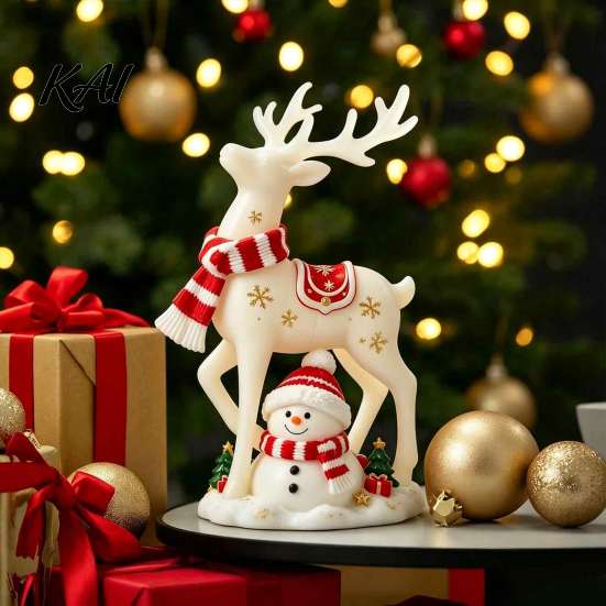 Decorative Crafts for Shelves Christmas Reindeer Snowman Resin Figurine, White Deer Statue with Red Scarf, Elk Ornaments Winter Holiday Tabletop